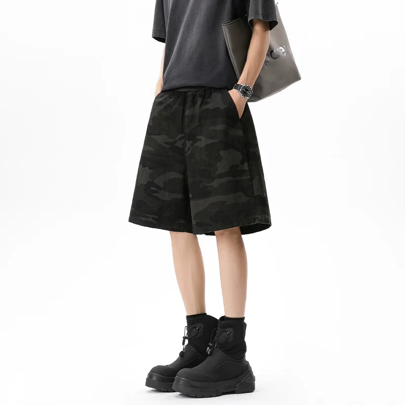 American Retro Washed Camouflage Shorts Summer Casual Fashion Loose Street Style Men's Drawstring Elastic Waist Shorts
