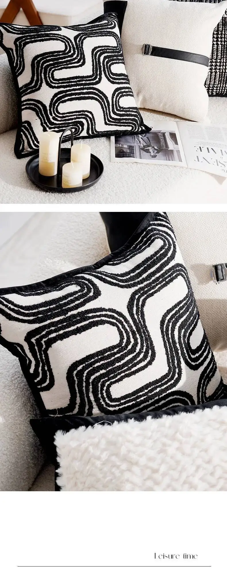 Elegante schwarz-weiße moderne Kissenhülle aus Chenille, weiches abstraktes Muster, Fell-Dekokissenbezüge für Sofa- und Bettdekoration – Detail 11