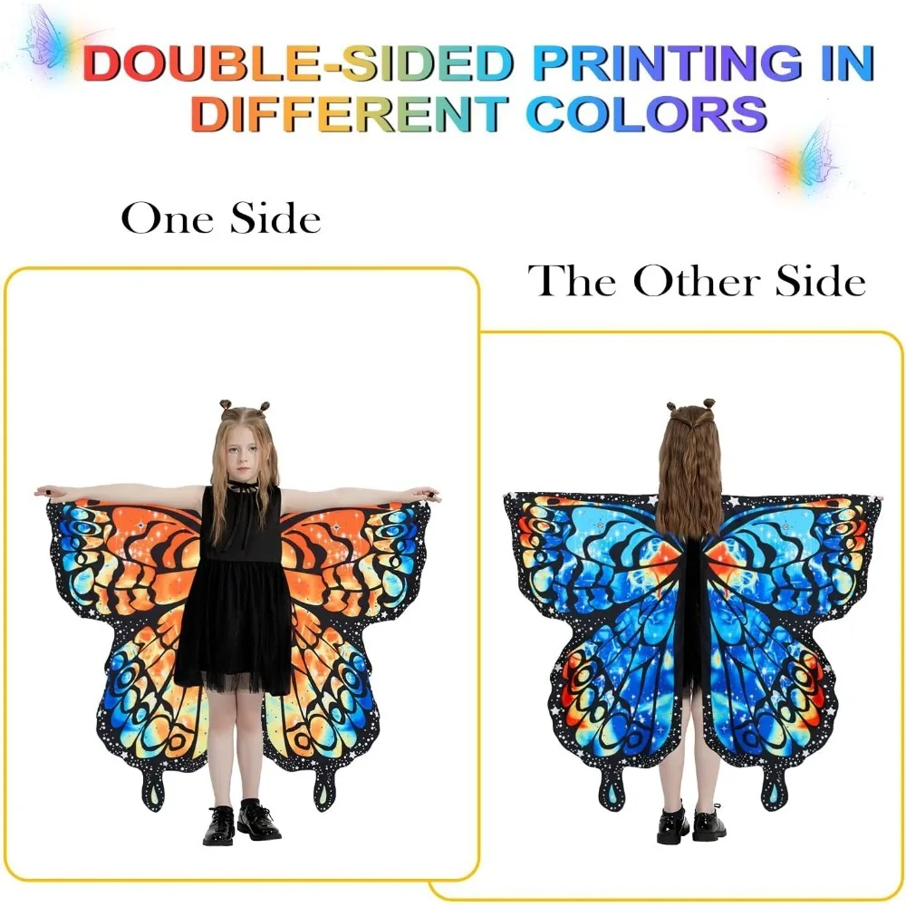 Fantasias de Halloween, asas de borboleta dupla face, asas de fada para meninas, conjunto de fantasias de borboleta de 3 peças.
