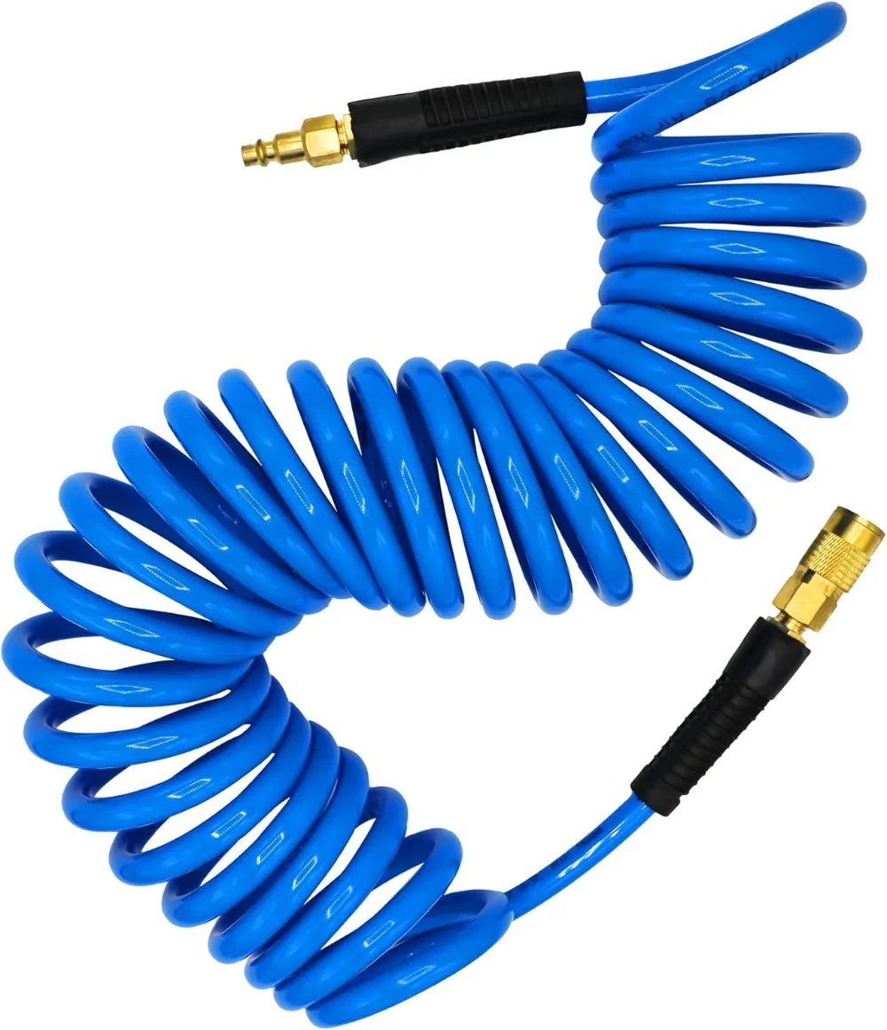 Polyurethane Recoil Air Hose, 8mm ID X 25FT, with Bend Restrictor, 1/4' Quick Coupler & Plug, Blue