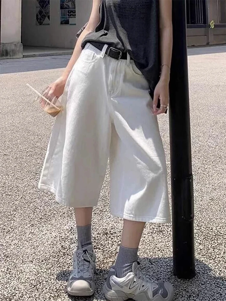 Białe luźne spodnie jeansowe z prostymi nogawkami, damskie letnie spodnie w stylu amerykańskim retro z wysokim stanem, szerokie nogawki, wyszczuplające jeansy plus size.