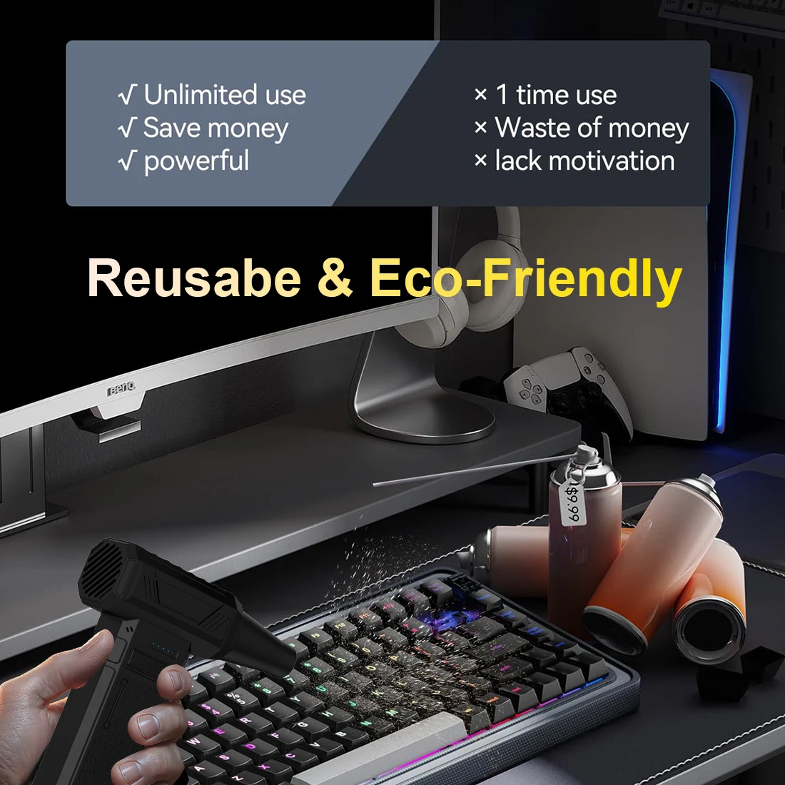 U7Pro Mini Turbo Fan Jet (150000 RPM), Velocidade 52 m/s Portátil - Espanador de ar comprimido LED elétrico, para teclado, carro, PC, limpeza doméstica
