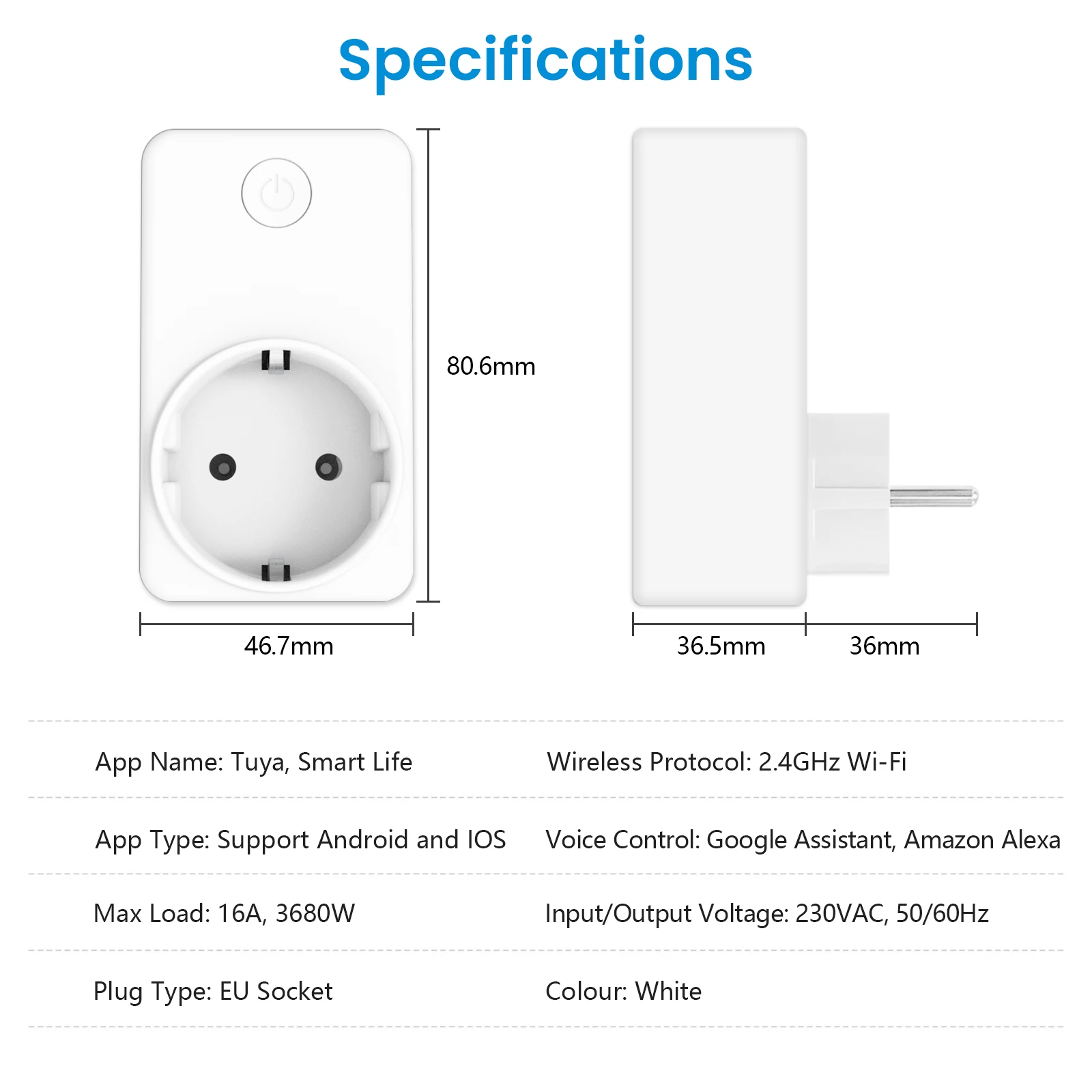 QCSMART Tuya WiFi EU Plug Outlet 16A Socket Electricity Energy Power Monitor Conservation Timer Support Google Assistant Alexa