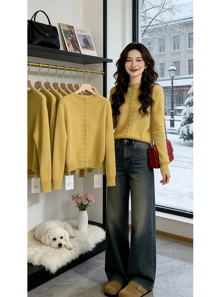 

Корейский стильный простой вязаный кардиган на одной пуговице для женщин, весна-осень, новинка, высококачественный свитер с круглым вырезом и длинными рукавами