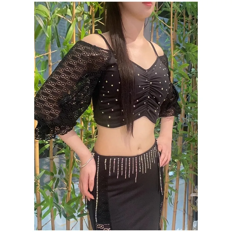 تخصيص ممارسة الرقص الشرقي الزي المرأة الدانتيل الأبيض منتصف الأكمام الخامس الرقبة حجر الراين أعلى الورك ملفوفة ذيل السمكة تنورة طويلة مجموعة