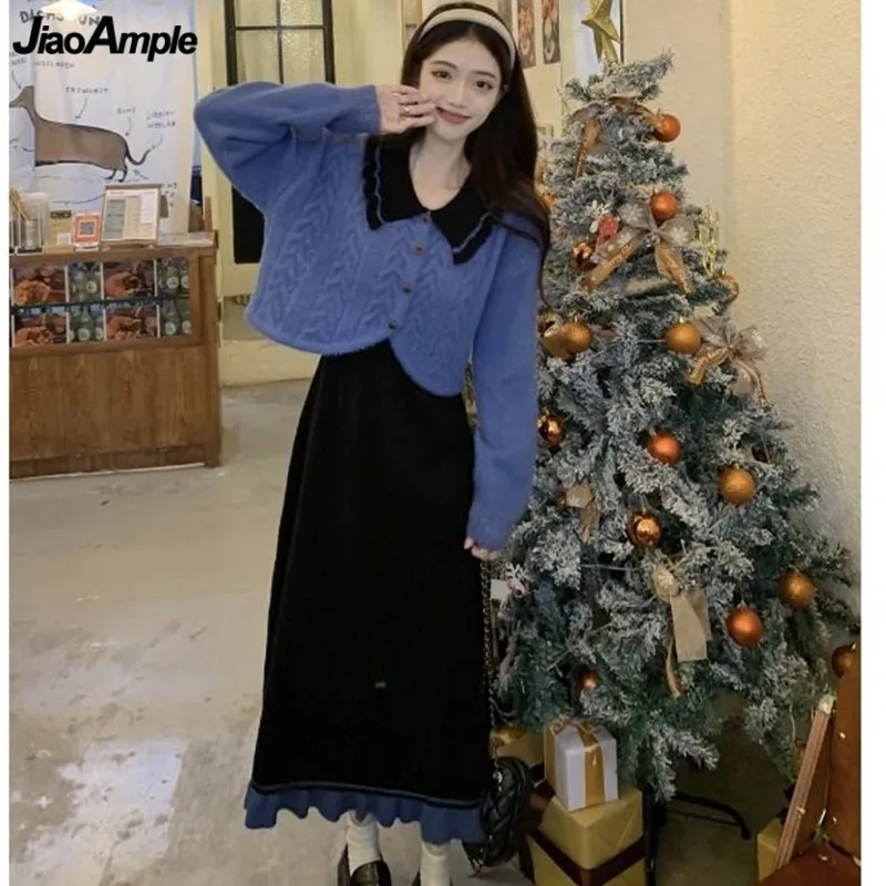 

Women's Autumn Winter Preppy Style Sweater Cardigan Tank Dress Two Piece Set Lady Short Knit Coats Dresses Outfits Blue Knitwear