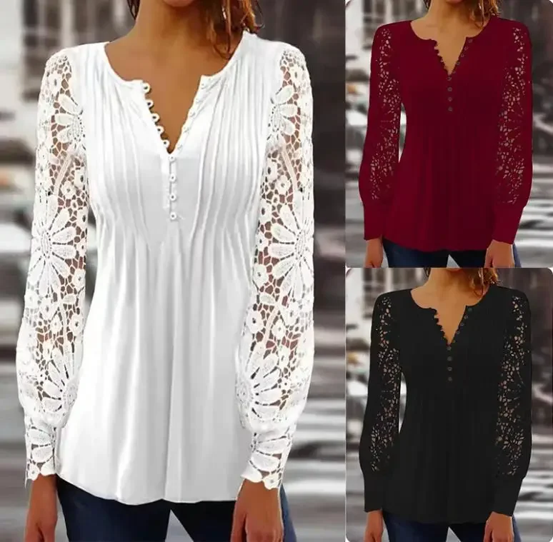 

2025 Spring Summer New Lace Long Sleeves Blouses Slim V Neck Long Sleeves Casual Solid Color Pullovers Elegant Commute Women's