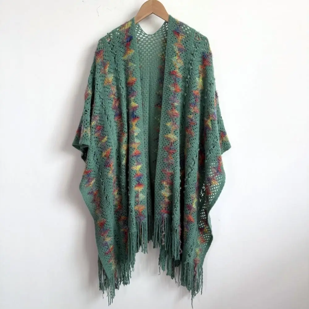 الفاخرة العرقية نمط محبوك شال شتاء دافئ أنيق شريط شرابة شال معطف تراكب أزياء المرأة