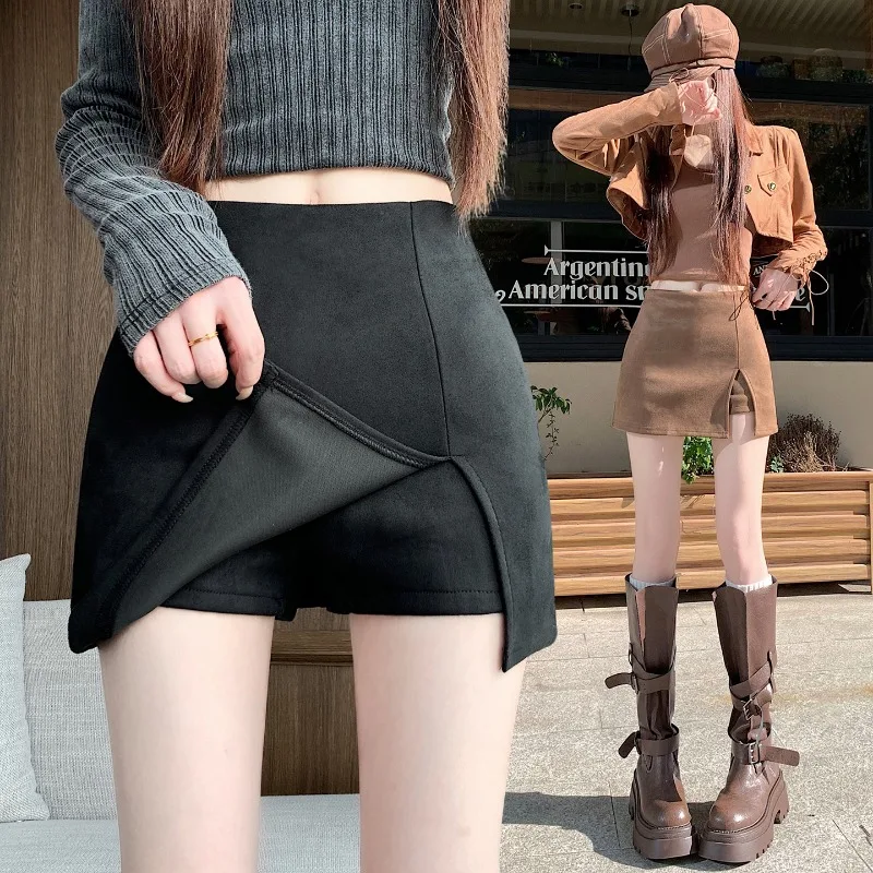 Autumn Winter Ladies Coffee Suede A Line Mini Skirt High Waist Slim Anti Exposure Spicy Girl Short Skirt Daily Bottoms