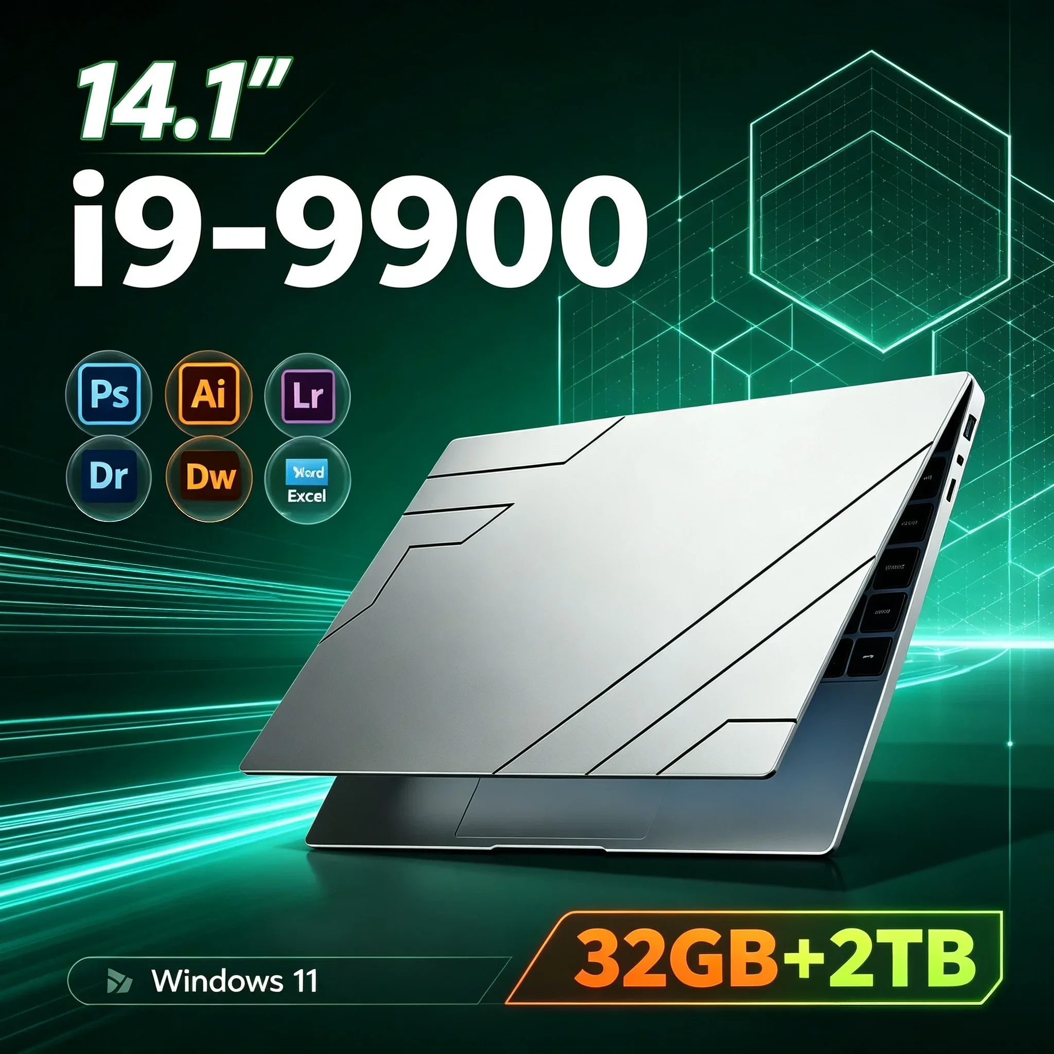14.1'' Inch Thin Laptop Intel I9‑9900 32GB RAM 1TB 2TB SSD Windows 11 Portable Notebook For Student Office Business Home Use