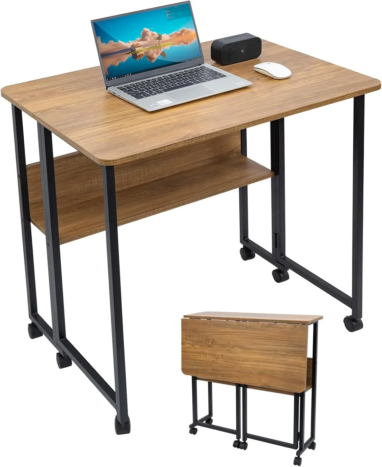 Mobile Foldable Computer Desk with Lockable Wheels & Fixed Foot Pads,Space Saving Folding Writing Gaming Table with Storage Shel