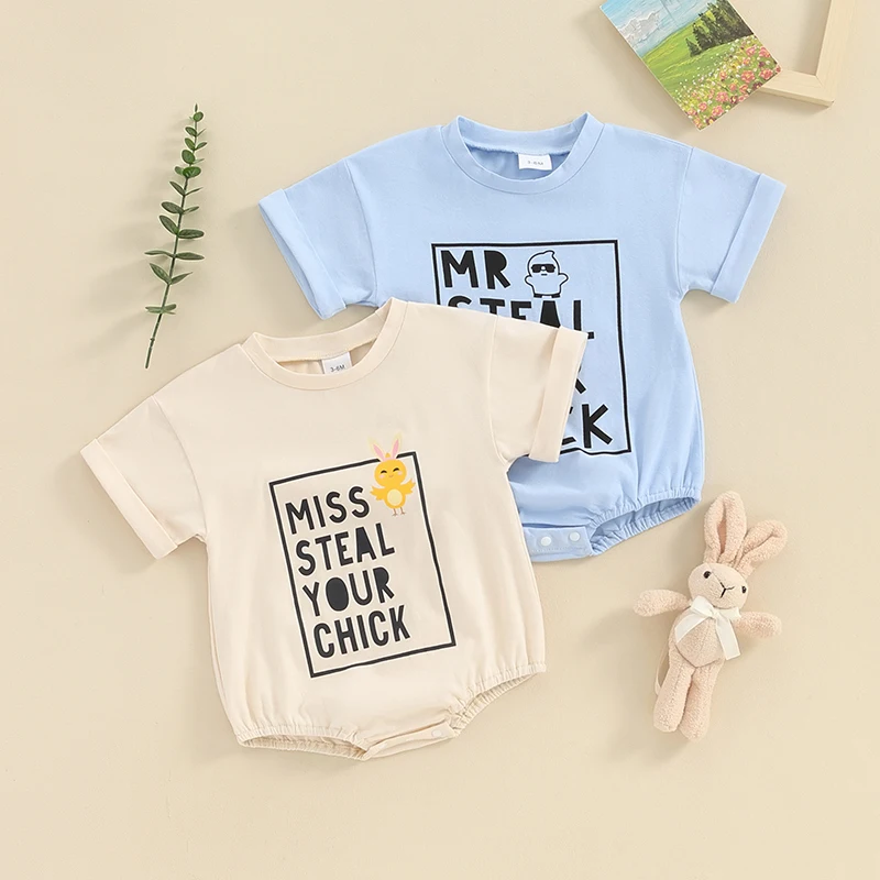 

Baby Romper Short Sleeve Crew Neck Letters Chick Print Summer Bodysuit Easter Clothes for Girls Boys Children's Clothing