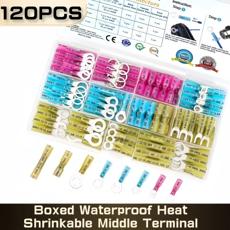 120PCS Heat Shrink Wire Connectors Insulated Crimp Ring Fork Spade Butt Splice 3 Sizes (16-14, 22-16, 12-10 Gauge) AWG 26-10