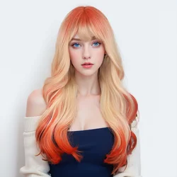 Long Curly Ombre Orange Synthetic Wig Natural Wavy Blonde To Orange Wig with Bangs Hollywood Cosplay Lolita Wig Heat Resistant