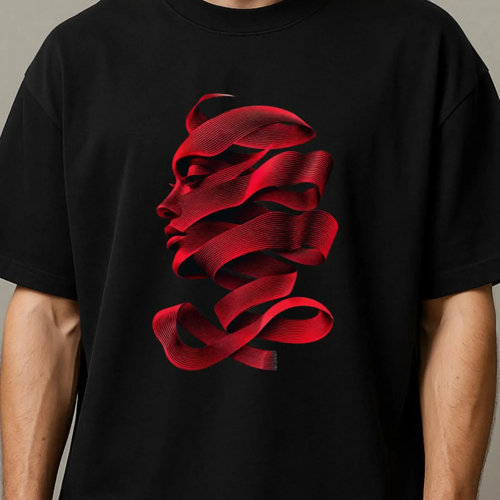 Abstract Face Line Art T Shirt Red Ribbon Portrait Surreal Modern Streetwear vintage Washed Top For Everyday Wear Comfortable