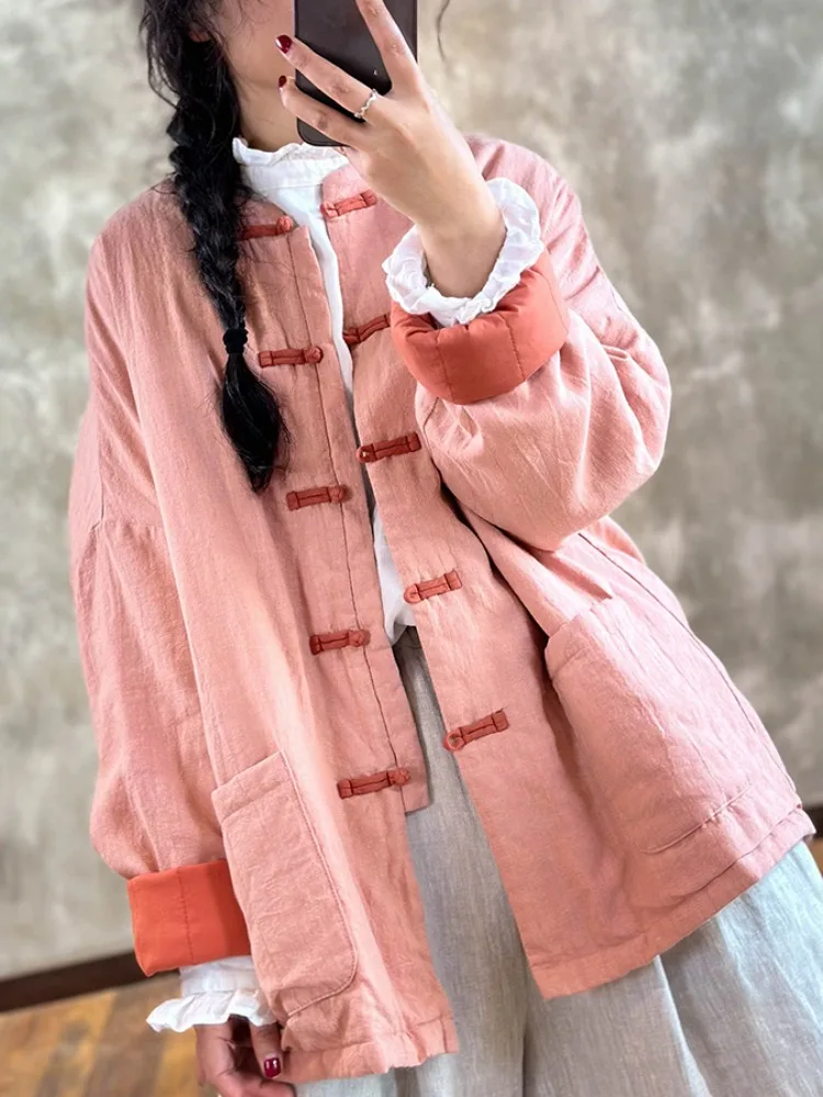 Women's Thickened Cotton Linen Jacket Collar Coat Winter Warmth Outerwear Retro Style Long Sleeve Button Pocket  Color
