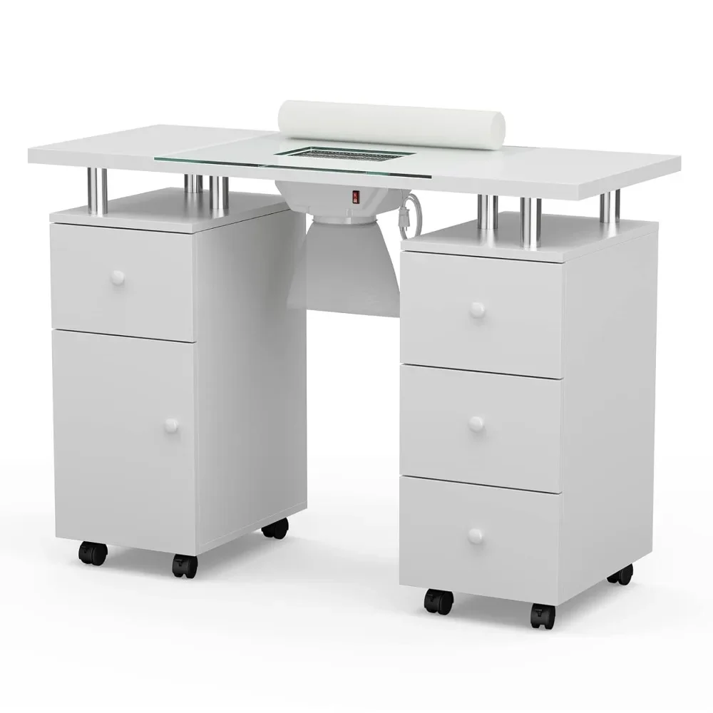 Manicure Tafel, Glazen Nagel Make-Up Bureau Tafel Station Voor Tech W/Elektrische Downdraft Ventilatieopening, Pols Kussen, Afsluitbare Wielen