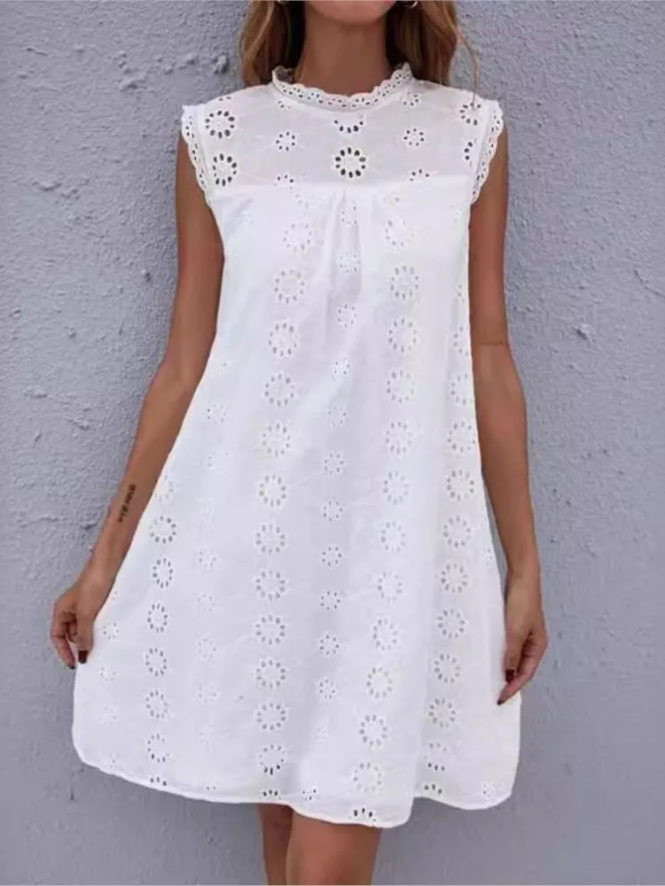 

White Lace Dress Lady Fashion Sleeveless O-Neck Pullover Hook Flower Hollow Dresses For Women Summer Holiday Party Vestidos New