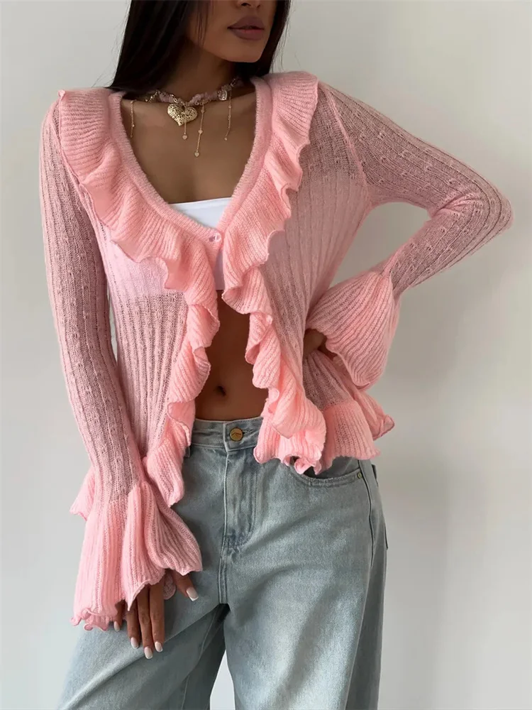 Tossy Casual Ruffled Cardigan Sweater Women's V-Neck Ribbed Loose See-Through Solid Commute Coat Female Knitwear Outwear Sweater
