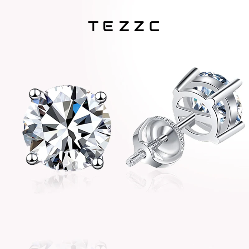 Tezzc 0.5-2ct D Color Moissanite Stud Earrings For Women Top Quality 925 Sterling Silver Sparkling Screw Earring Wedding Jewelry