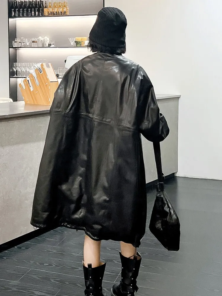 Vintage المرأة الشتاء جلد البقر جلد طبيعي أسفل سترة سميكة الدافئة طويلة خندق معطف فضفاض صالح سترة واقية معطف المتضخم