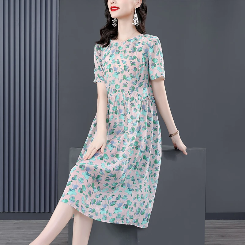 

Women Blue Floral Mulberry Silk Midi Dress Summer New Elegant Loose Waist Plus Size Dress 2024 Korean Vintage Casual Party Dress