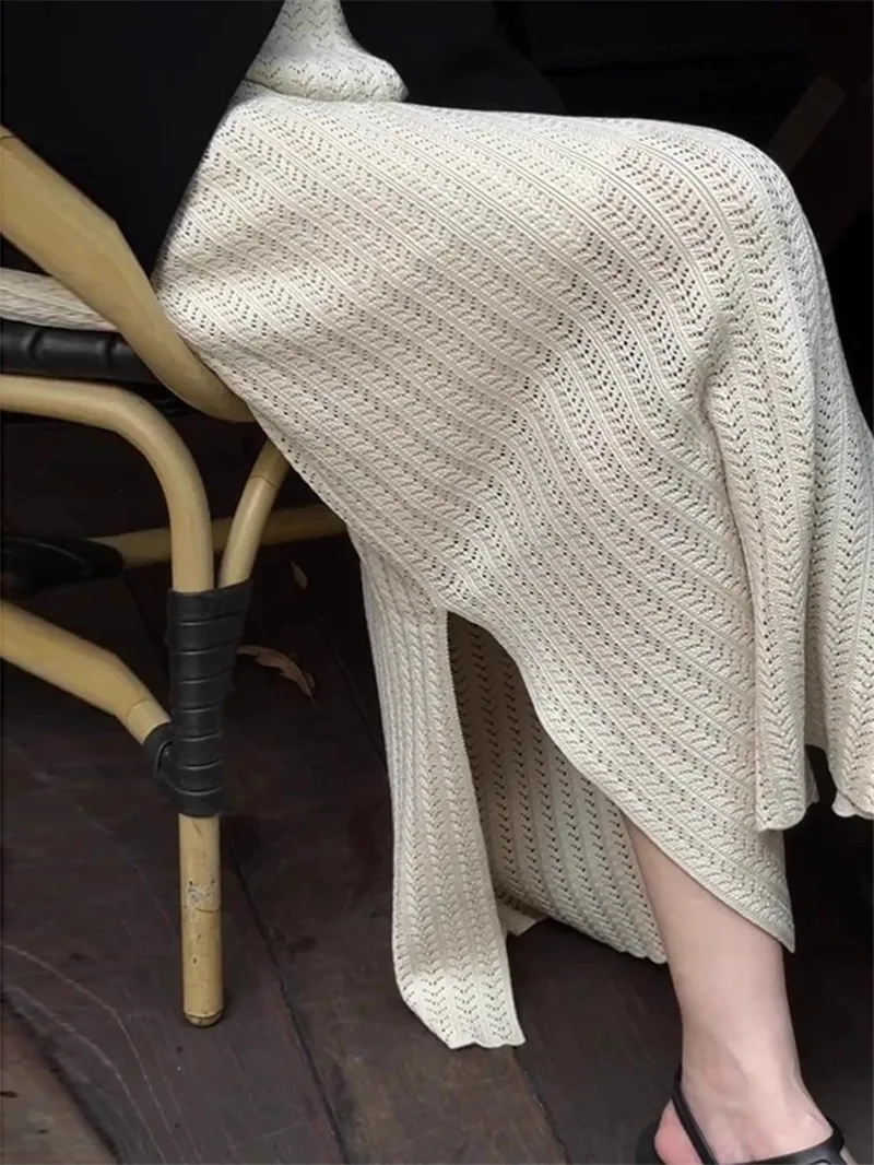 Apricot Knitted Hollow Out A-Line Skirt Women 2025 New Spring Autumn Elastic Waist Soft Split Versatile Temperament Skirts