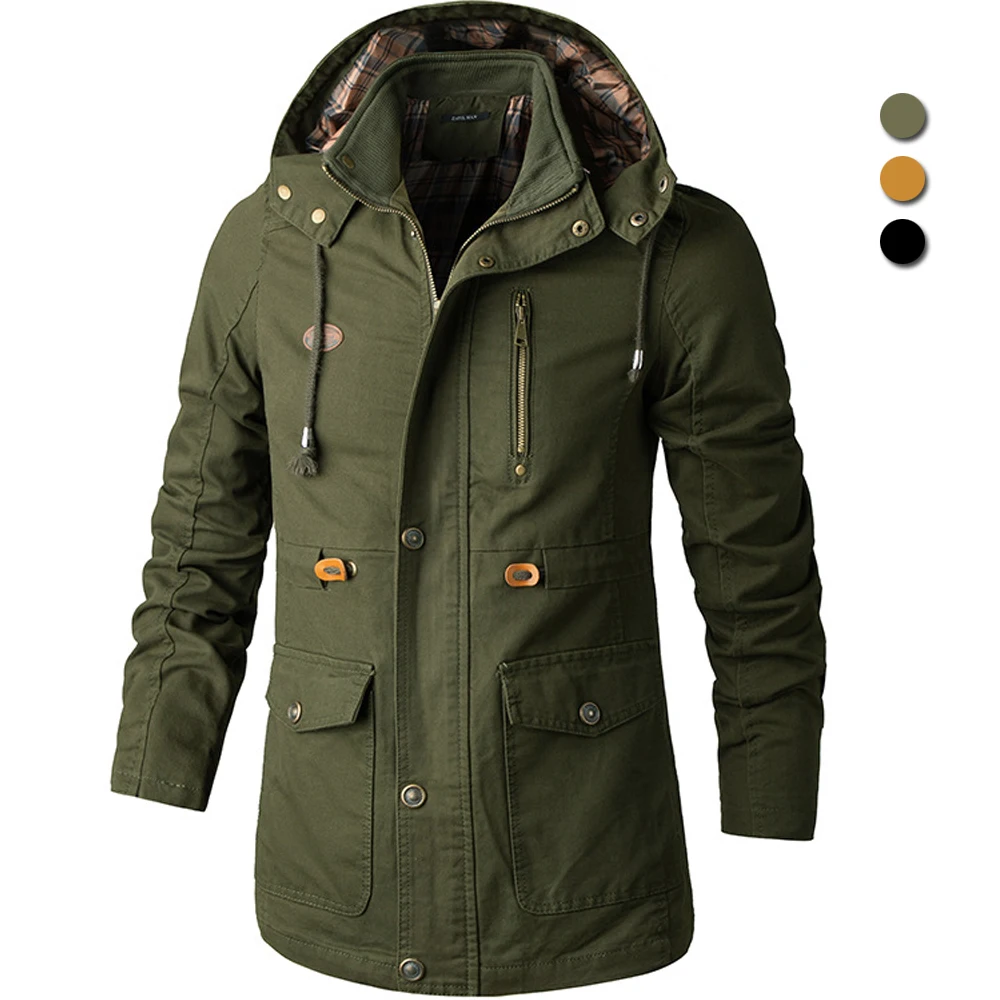 

Thin Workwear Jackets Men Spring Autumn Hooded Windbreaker Long Loose Trench Coats 100% Cotton Multi-pocket Casual Cargo Jacket