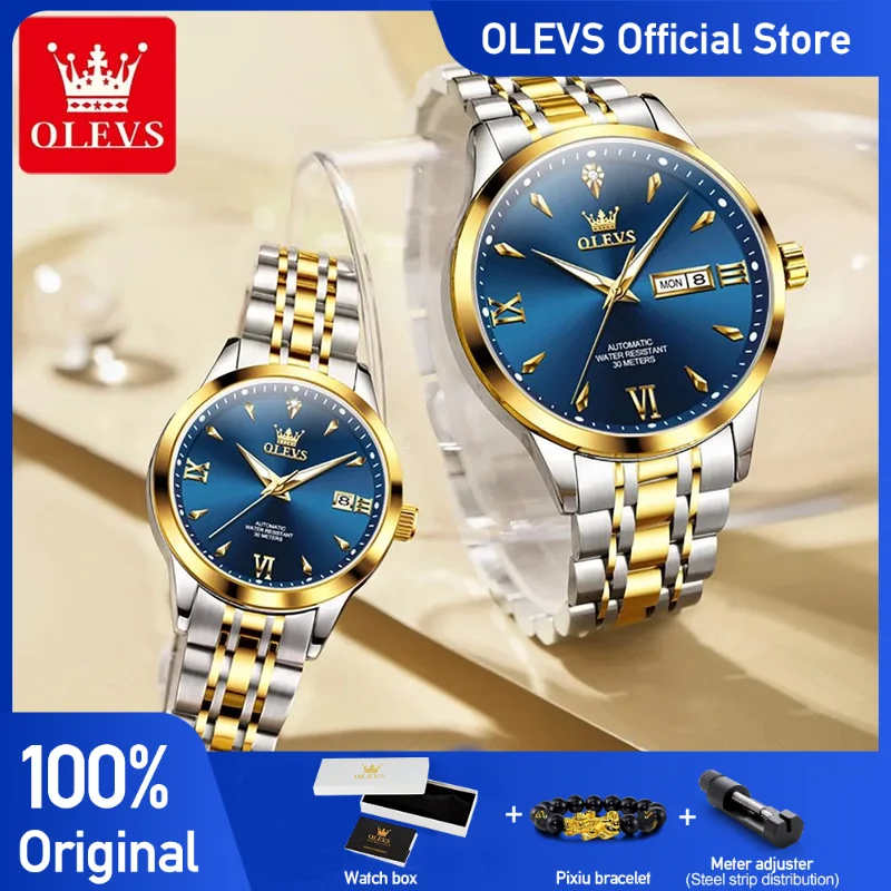 

OLEVS 9956 часы для пар, роскошные механические наручные часы, водонепроницаемые светящиеся часы из нержавеющей стали с датой на день, подарки для пары, новинка