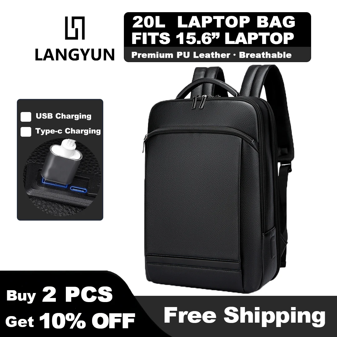 

Мужской деловой рюкзак LANGYUN из искусственной кожи с отделением для ноутбука 15,6 дюймов, модель 180 ° Рабочая сумка с большим USB-портом для зарядки