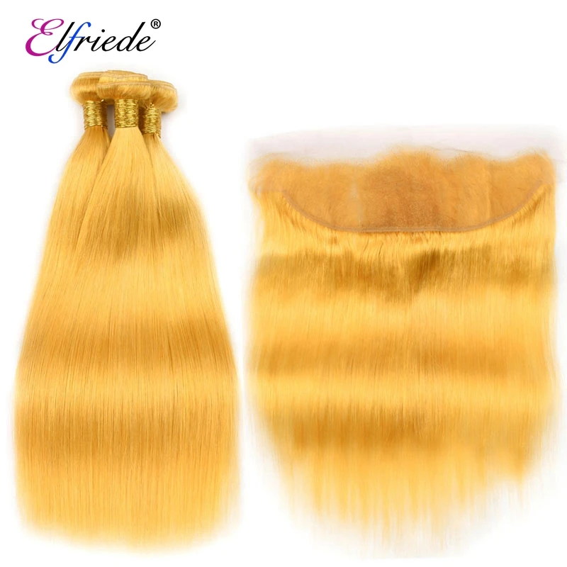 Elfriede #Yellow Straight Colored Hair Bundles with Frontal Brazilian Remy Human Hair Weaves 3 Bundles with Lace Frontal 13x4