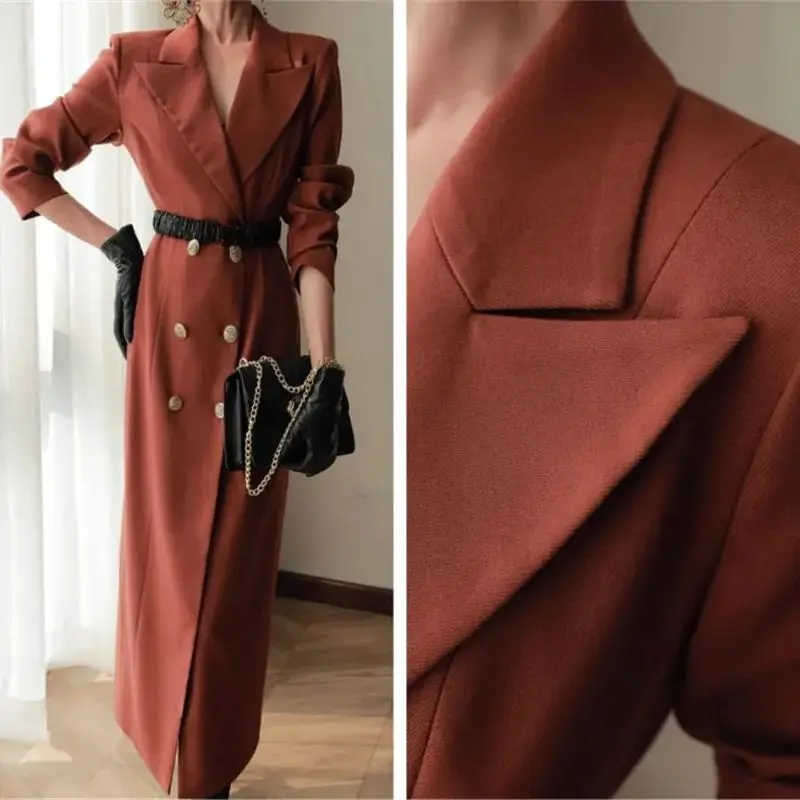 

Spring Autumn New Women Slim Trench Long Double breasted Long Sleeve Notched Collar Dress Elegant Office Lady Longer Dress Y4649