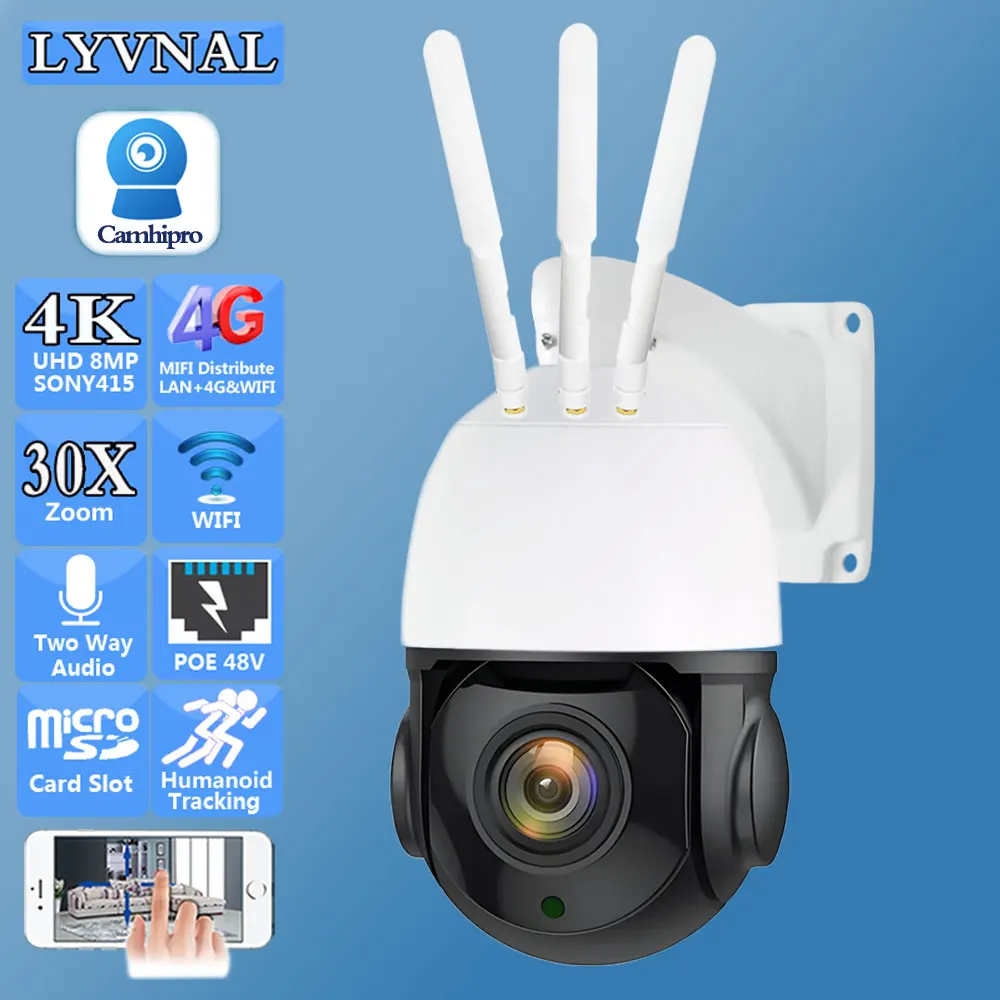 

4K 8MP Беспроводная IP-камера безопасности WIFI/3G 4G SIM-карта/POE PTZ купольная 30-кратный автоматический зум двустороннее аудио отслеживание человека ИК 80M Открытый