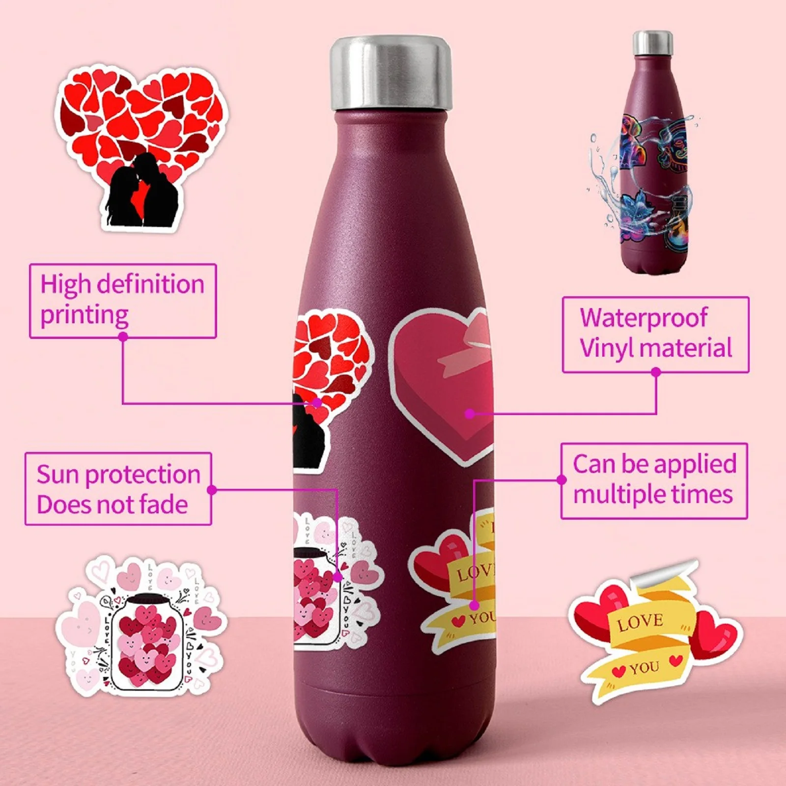 50PCS Pink and Red Series Valentine's Day Love Graffiti Stickers Multipropose DIY Decorative Stickers for Book Suitcase Phone