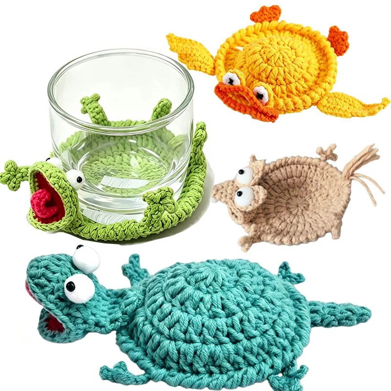 Fun 3D Animal Mug Rug Turtle Lizard Crochet Coaster Handmade Drink Mat for Coffee Table Desk Home Decor Stress-Relieving Gift