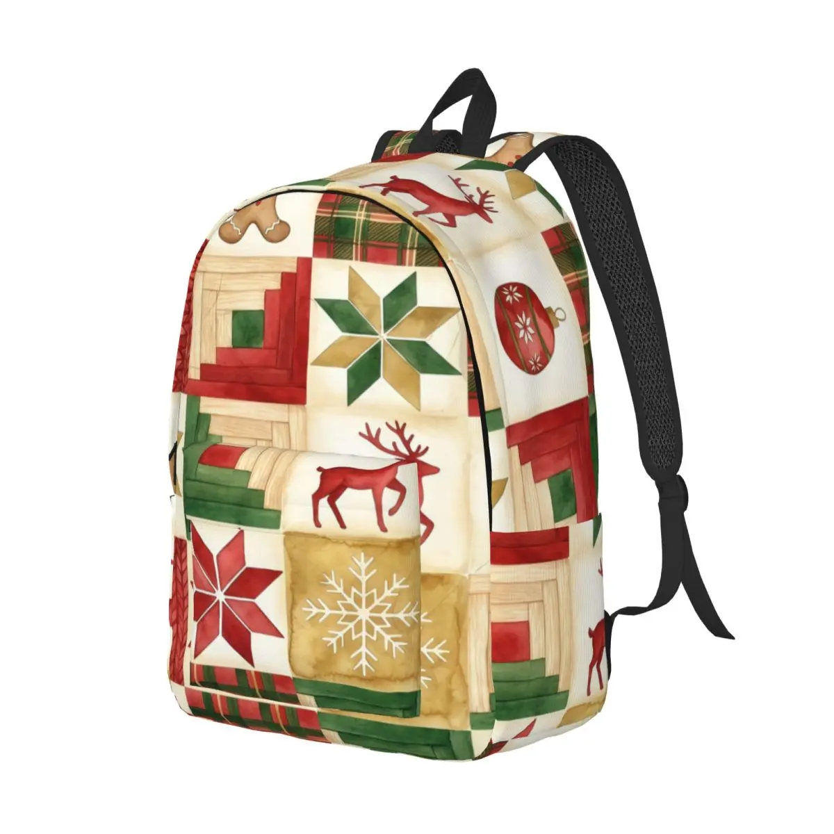 Winter Holiday Print Backpack Grid Christmas Motifs Quilt Squares Watercolor Folk Christmas Red Green Holiday Bookbag for Girls