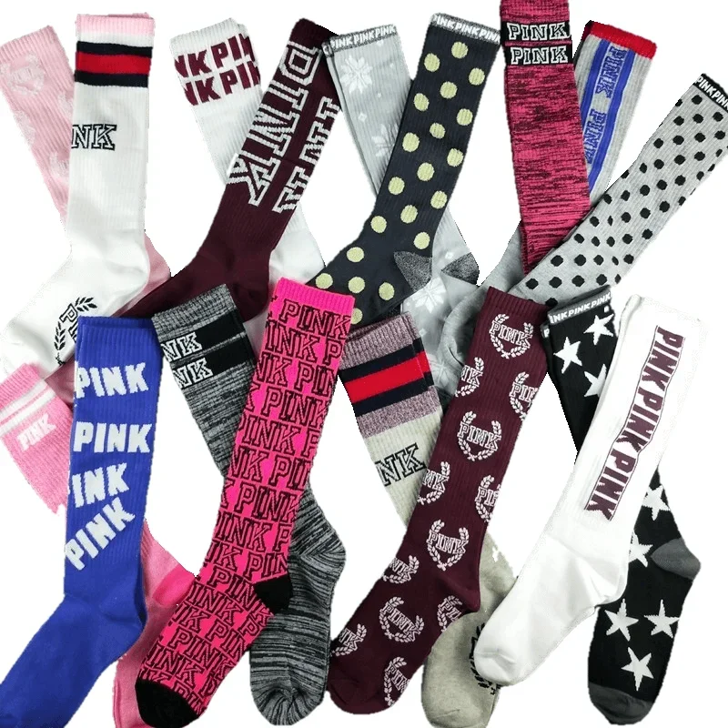 American style pink knee-length calf stockings women's socks high tube college sports street shot four-season socks pair