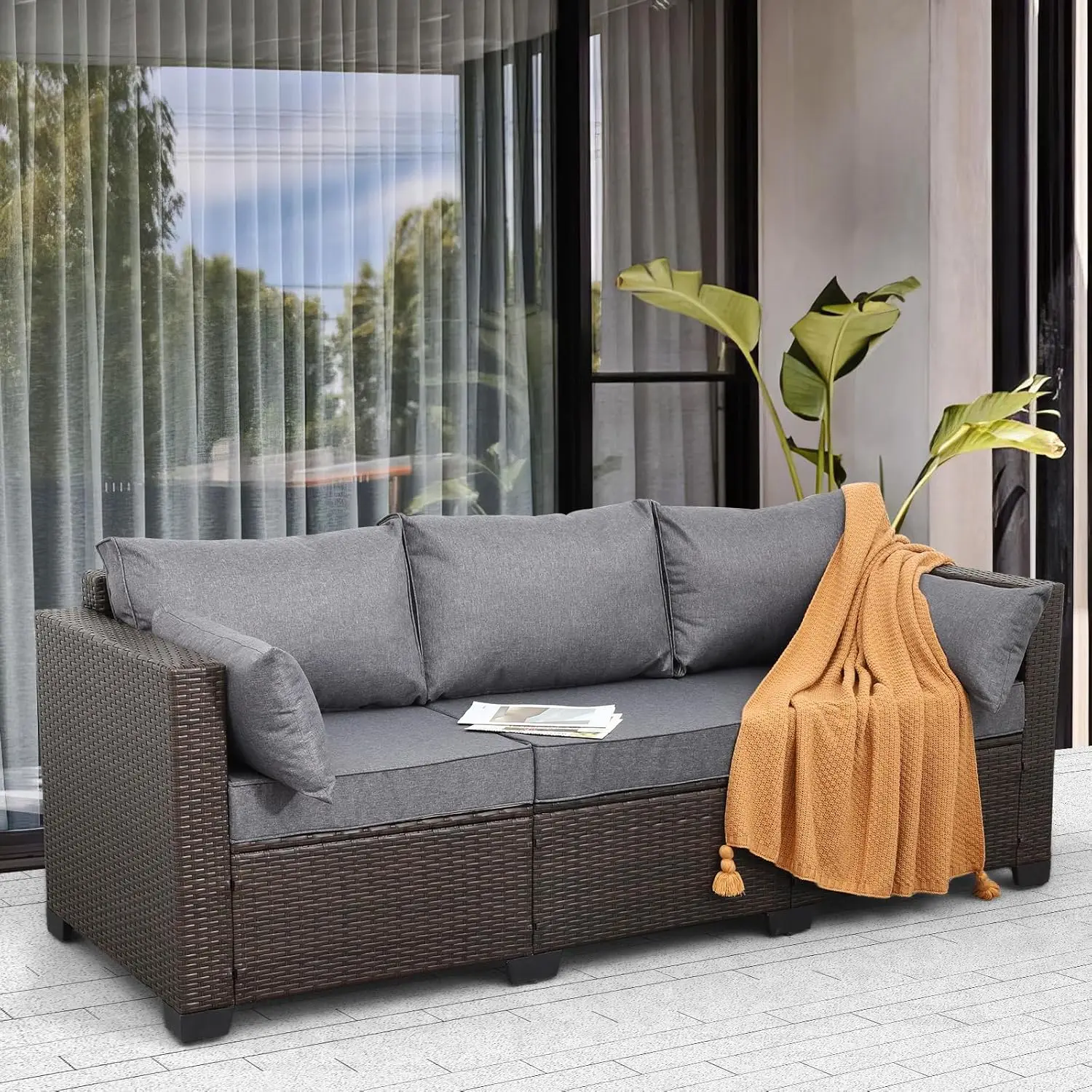 Outdoor 3-Seat Sofa Brown Rattan Furniture Set Deep Seating with Anti-Slip Grey Cushion