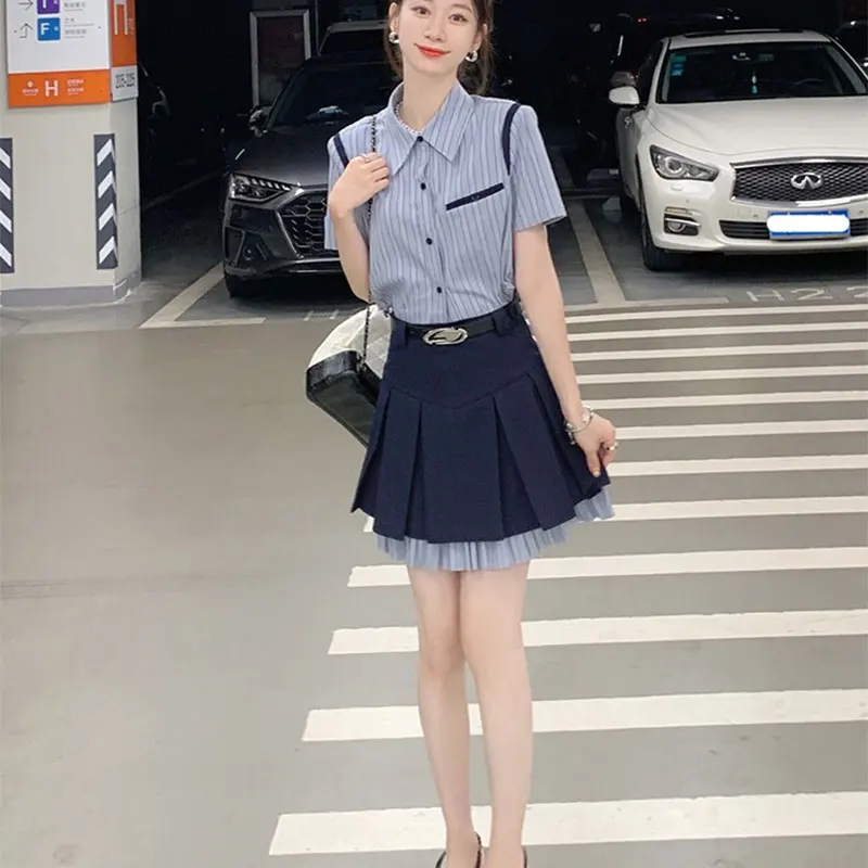 Elegant Fashion Harajuku Slim Fit Female Clothes Casual All Match Button Short Sleeve Blusa High Waist Skirts Two Piece Set