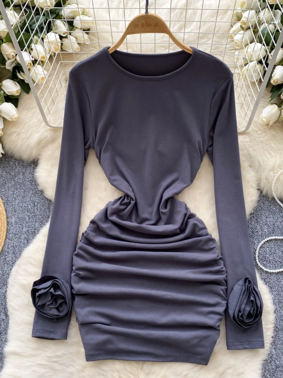 Pure Desirable Sexy Bodycon Dr Women's Autumn New Sle 3D Flower Long Sve Slim Fit Base ort Skirt Korean Sle High ...