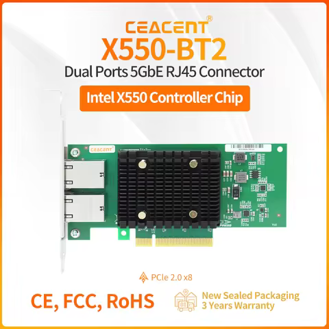 10/5/2.5/1GbE Network Card X550-BT2 Dual Port RJ45 PCIe 2.0 x8 NIC with Intel X550 Chipset Low Profile Bracket Included