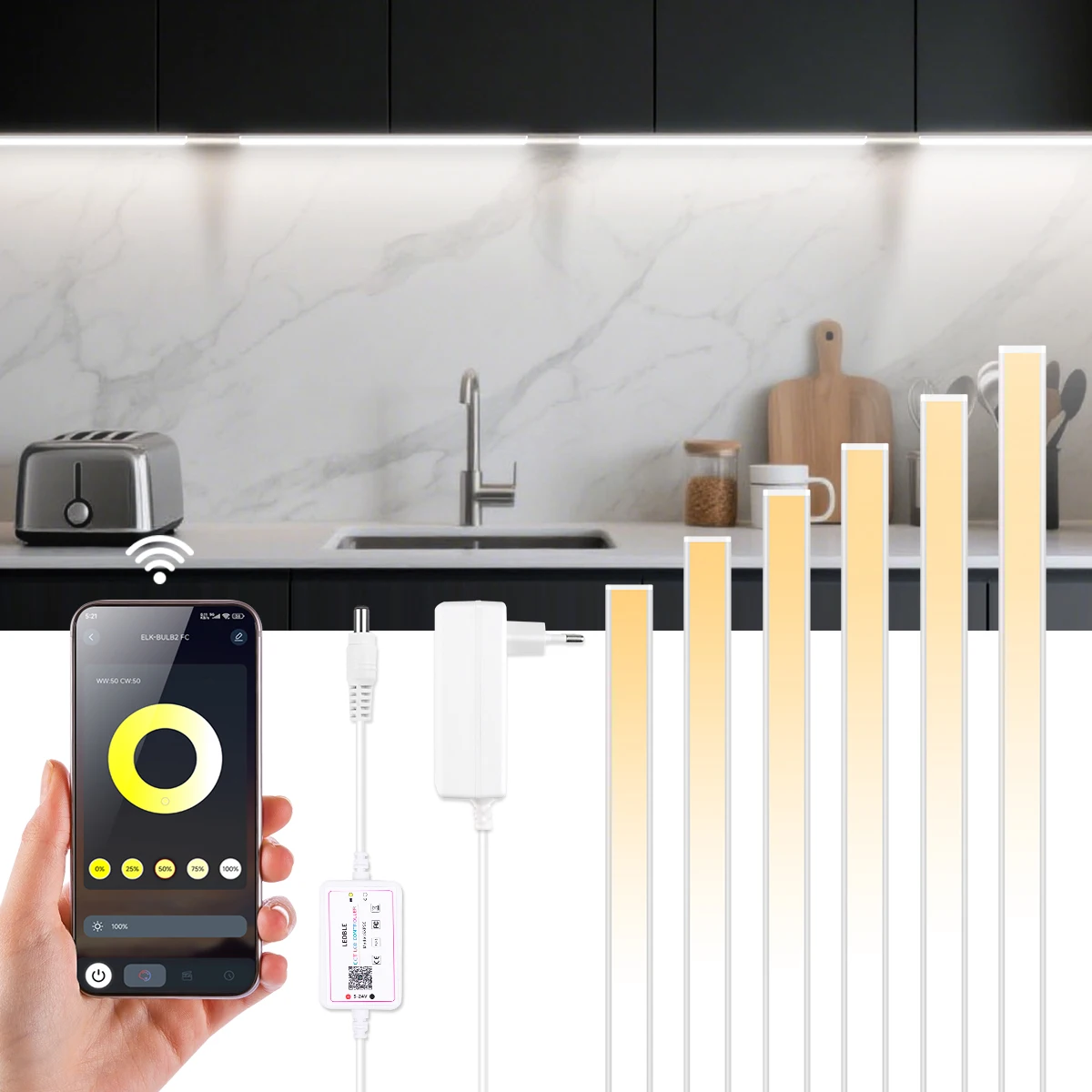 

1-10pc Dimmable CCT LED Light Bar Cabinet Lighting 48CM 2700K-6500K Aluminium Tube Bluetooth APP Control Above the Stove Sink