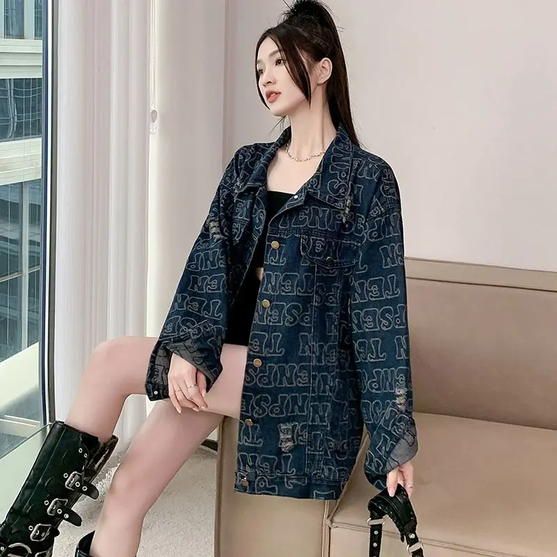 Blouse Jacket Denim Women's Spring/Autumn Letter Print Lapel Collar Loose Fit Niche Comfortable Minimalist Casual Distinctive