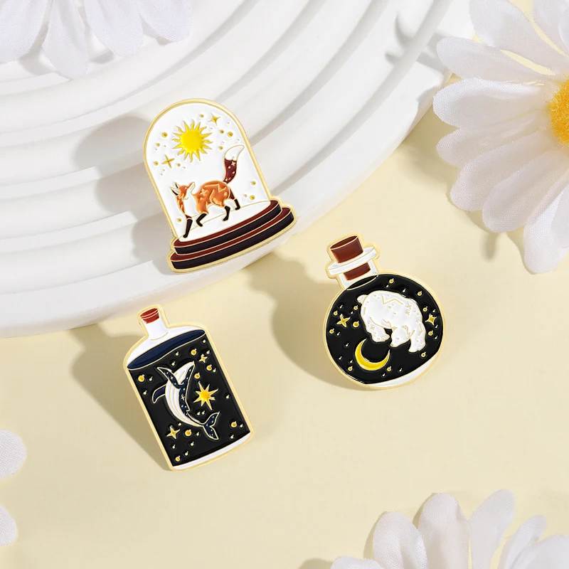 Cartoon Animal Celestial Bodies Art Collection Enanel Pins Fox Sun Whale Star Bear Moon Retro Metal Brooches Clothes Lapel Badge