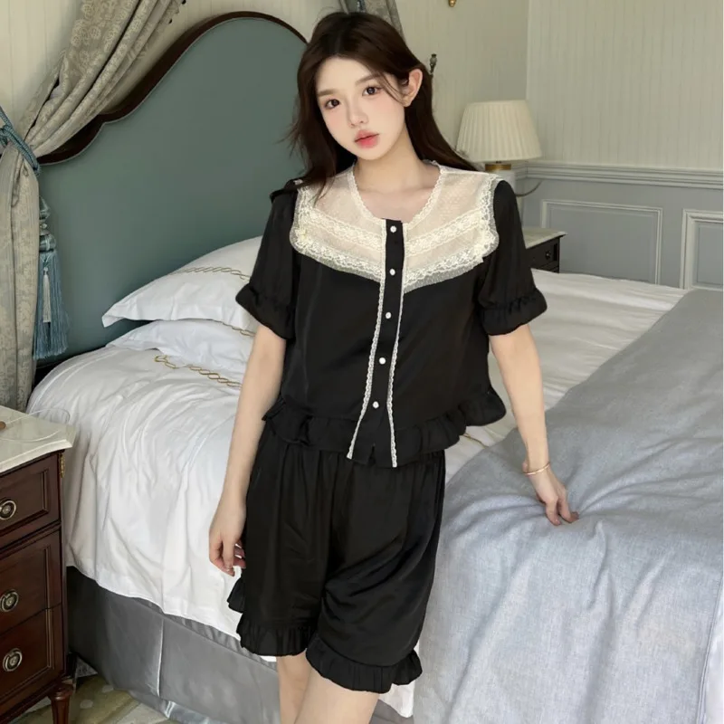 26 Spring Summer New Ice Silk Short-sleeve Pants Lace Princess High-end Homewear 2piece Set Women Pajamas Nigtgown Sleepwear