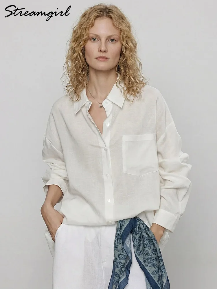 Summer Blue Linen Shirts For Women Oversized Long Sleeve Tops Green Shirt Woman Work Basic Linen Tops Women White Shirts Ladies