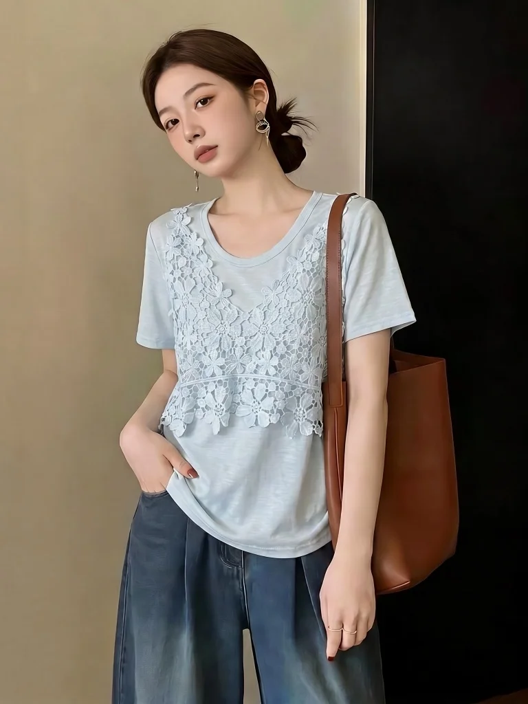Light Blue Crochet Hollow out Short Sleeve T-Shirt Women's Summer New plus Size Big MM Fake Two-Piece Top Korean Style Loose Fit