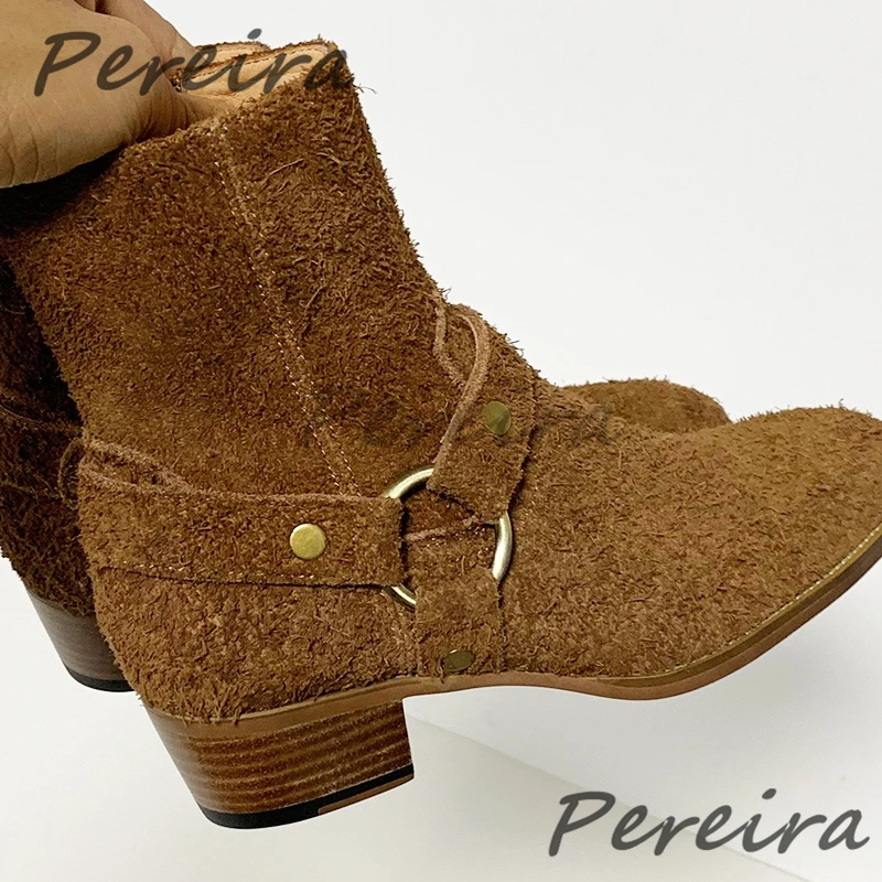 Autumn Winter Retro Nubuck Leather Men's Boots Metal Ring Strap Chelsea Boots Pointed Toe Side Zipper Mid Heel Booties Big Size