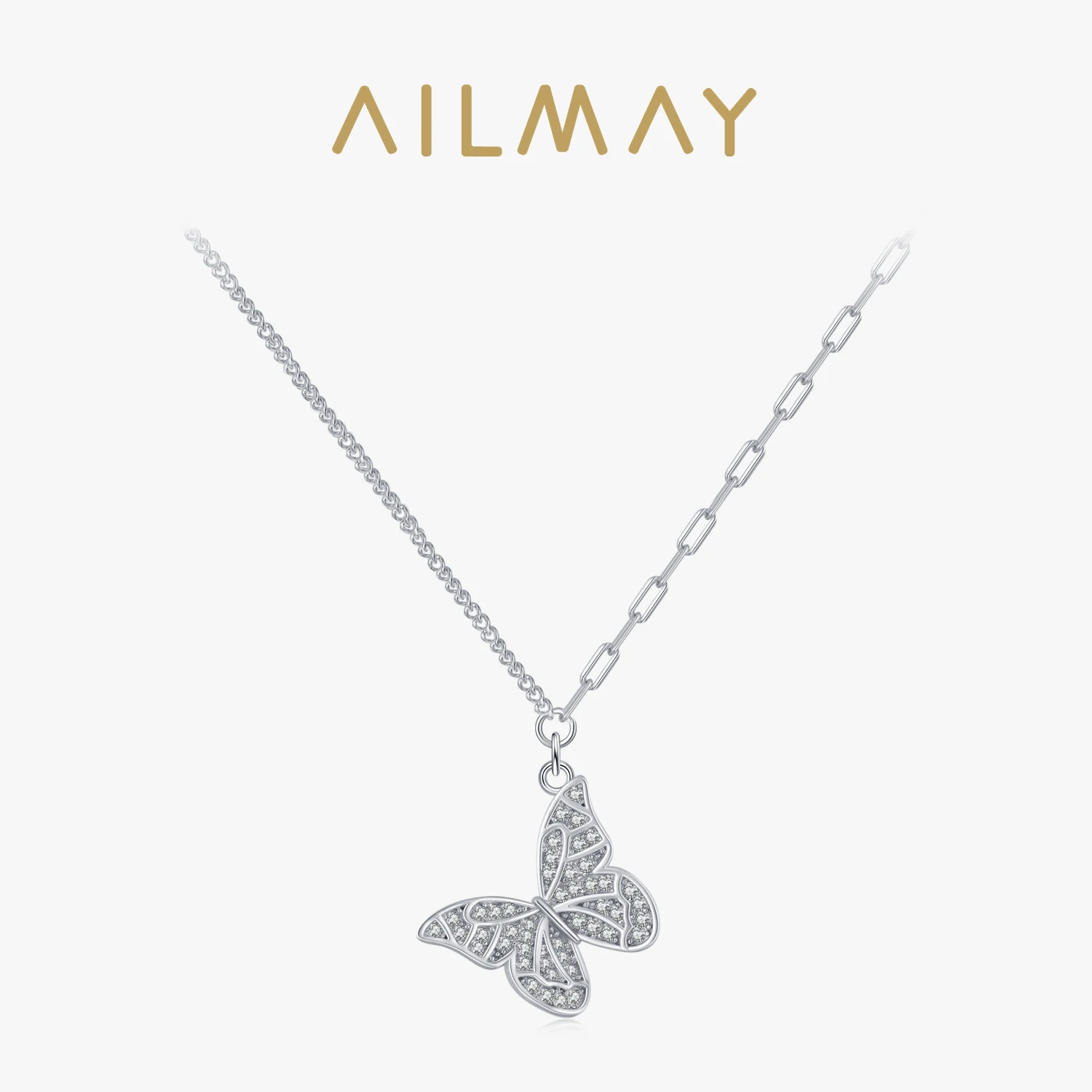 Ailmay Charm Butterfly Pendant Necklace 925 Sterling Silver Clear Zircon Necklace For Fine Female Fashion Korean Jewelry