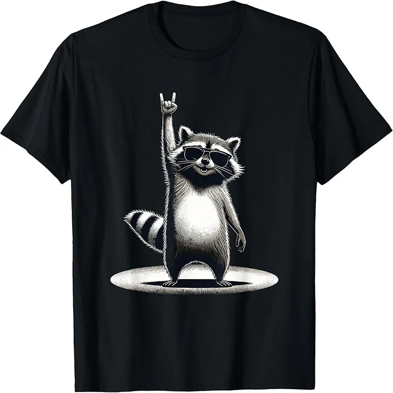 Raccoon Rock On Hand Sign Sunglasses Rock Concert Retro Art T-Shirt